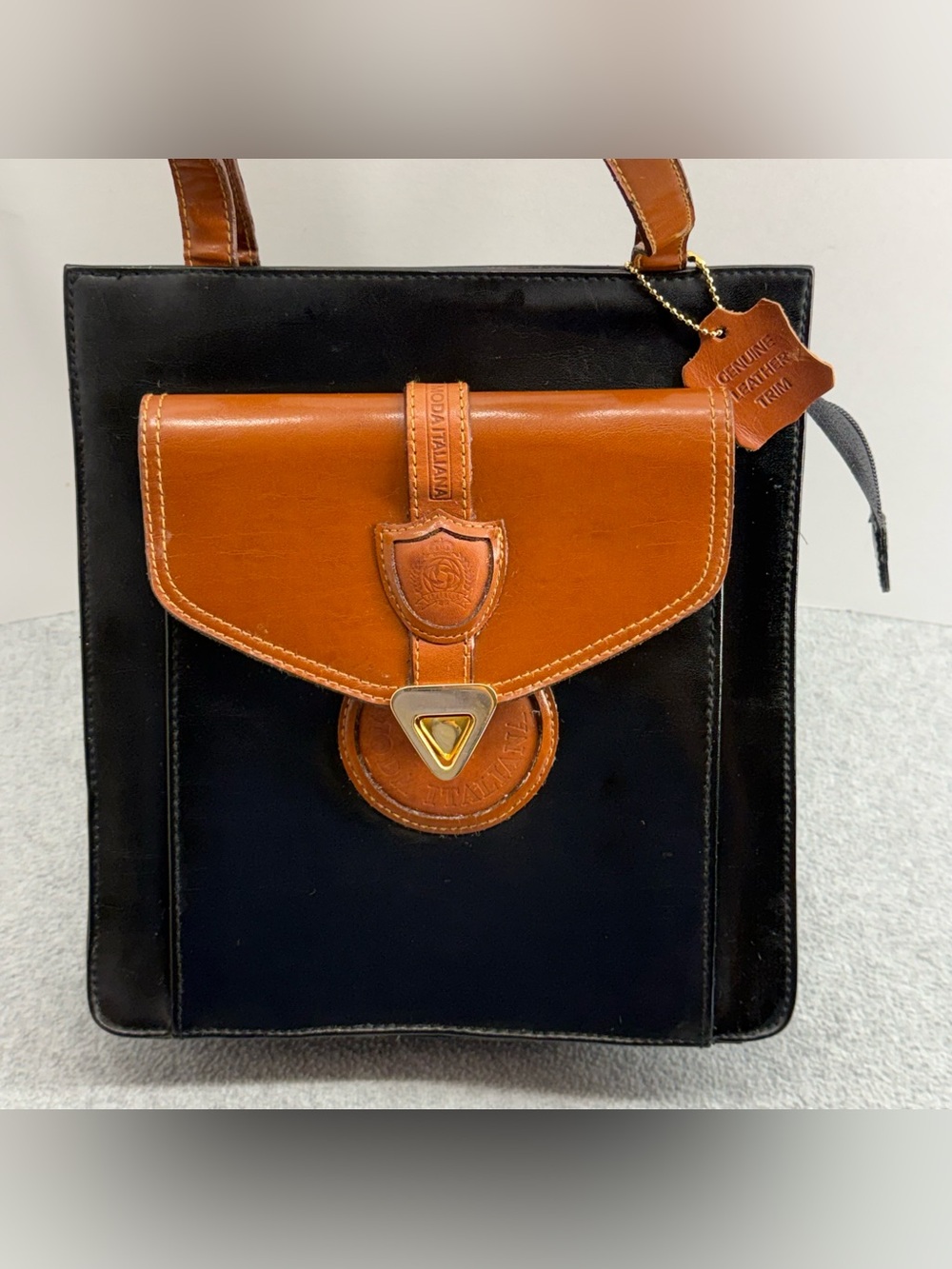 Moda Italiana Two Tone Leather Trim Purse Bag Brown Black Gold Tone Closure
